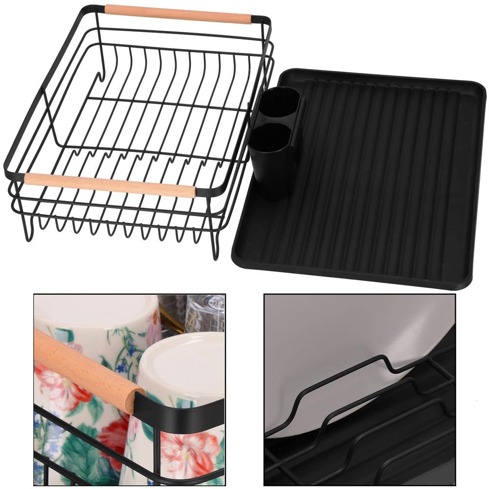 Uscator de vase cu suport tacamuri, din otel, cu tava de scurgere, manere lemn, 42x32x15cm, negru