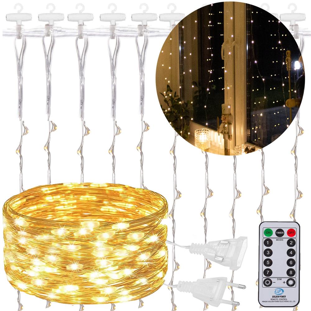 Ghirlanda luminoasa tip perdea 300 LED-uri, 3x3m, pentru interior, cu telecomanda, alb cald (galben)
