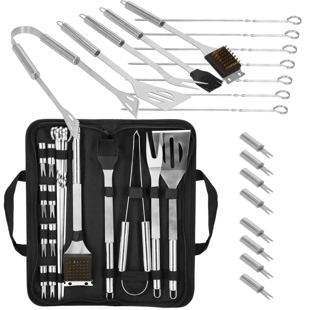 Set accesorii pentru gratar din inox, 20 de piese inclusiv perie, husa transport