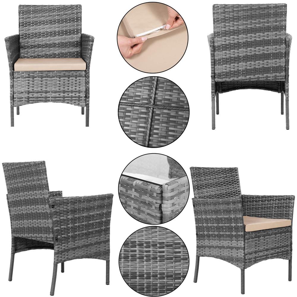 Set mobilier terasa, din tehnorattan, masa cu blat sticla securizata, 2 fotolii si 1 canapea cu perne, gri