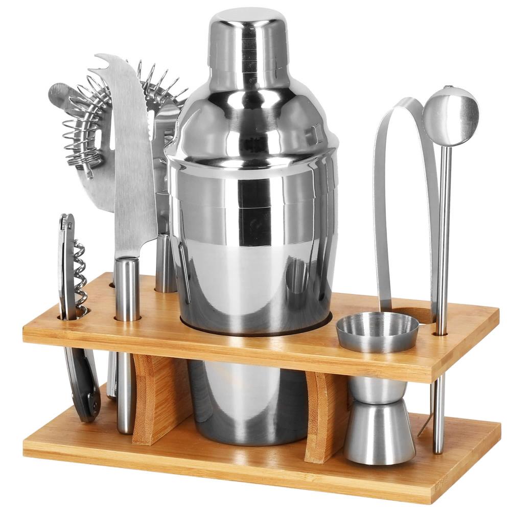 Set Cocktail Shaker Kit pentru barmani 550ml, KI22, suport bambus, 9 piese