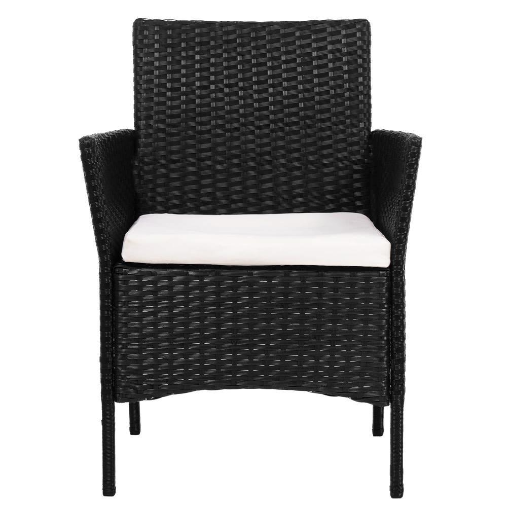 Set mobilier terasa, din tehnorattan, masa cu blat sticla securizata, 2 fotolii cu perne, negru