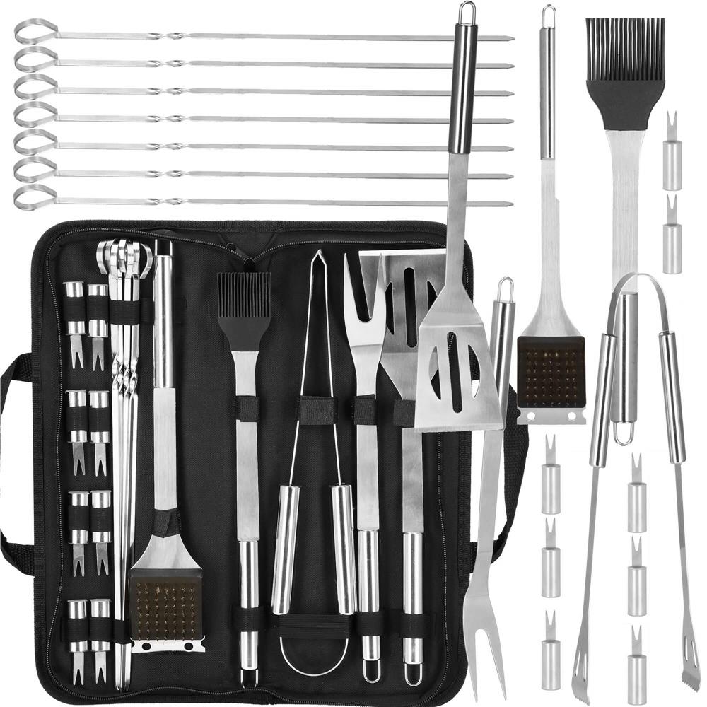 Set accesorii pentru gratar din inox, 20 de piese inclusiv perie, husa transport