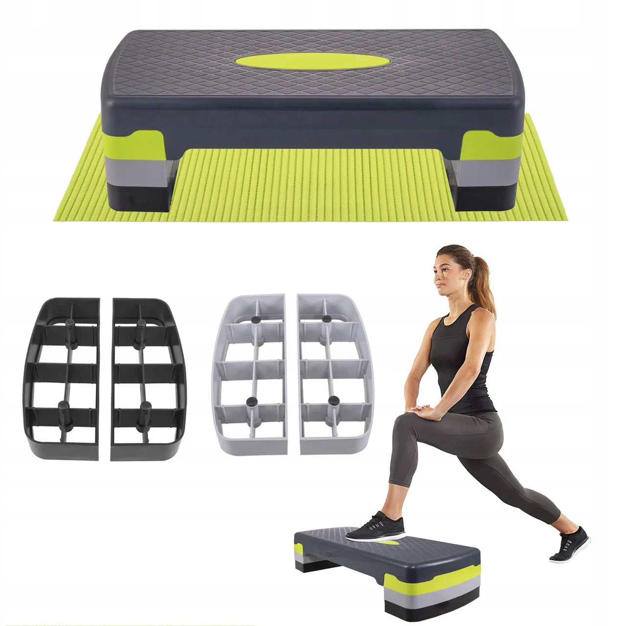 Stepper aerobic, ajustabil in 3 trepte, gri/verde, greutate maxima 250 kg, cu covoras de protectie