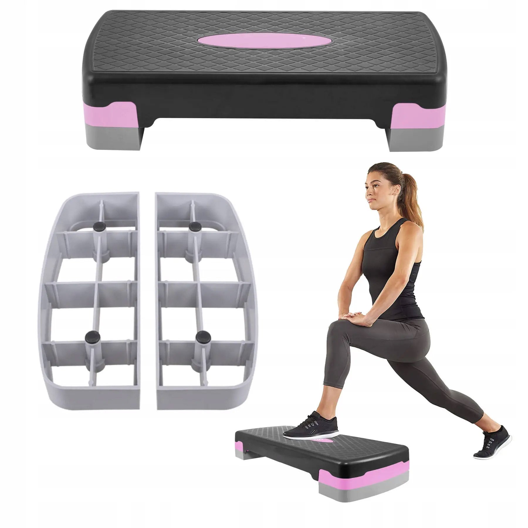 Stepper aerobic, ajustabil in 2 trepte, gri/roz, greutate maxima 250 kg, cu covoras de protectie
