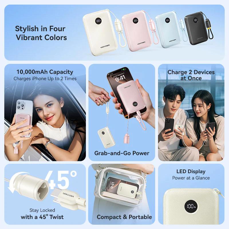 Power Bank Vention 10000mAh Power Bank (USB-C + USB-C/USB-C/USB-A) with Built-in USB-C to USB-C Cable 22.5W Beige LED Display Type , "FKAN0-C" - 6922794791275