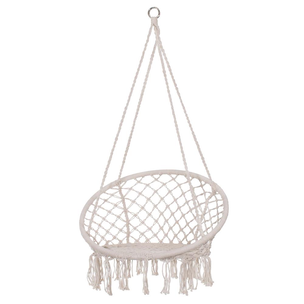 Scaun rotund tip leagan suspendat pentru casa sau gradina, cu franjuri, 150kg, bej