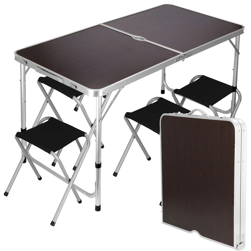 Set masa camping pliabila blat MDF cu 4 scaune, 120x60x60/70cm, Maro Negru