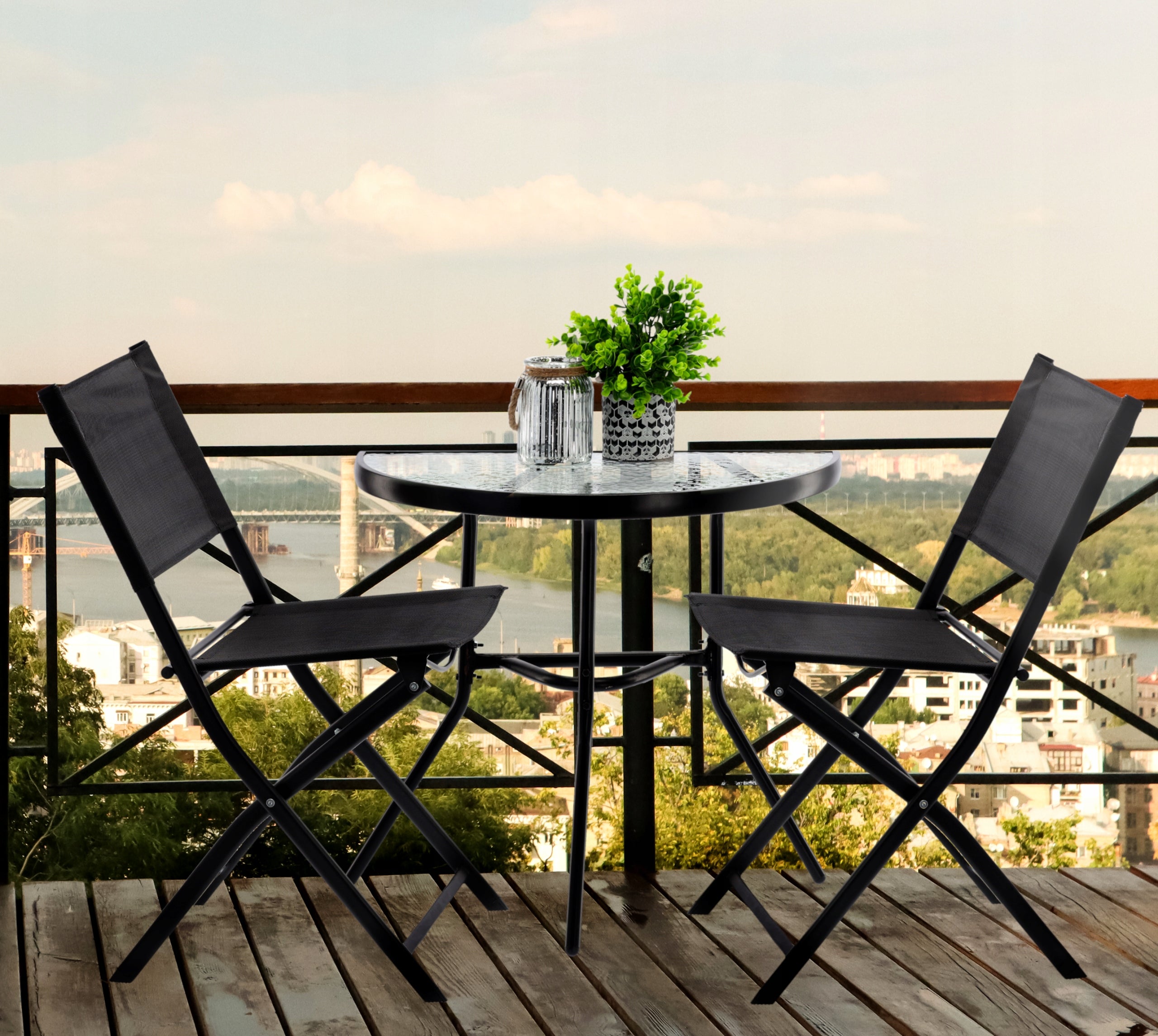 Set mobilier gradina sau balcon, masa semirotund sticla cu 2 scaune pliabile, negru