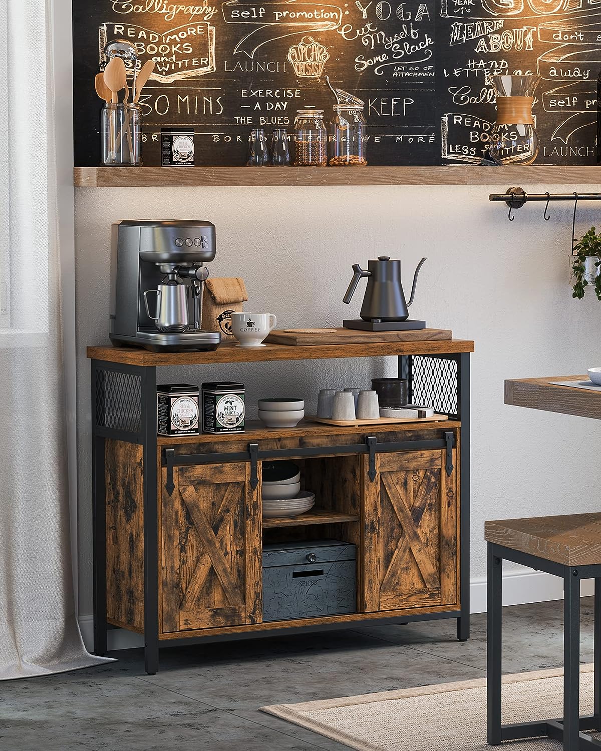 Comoda pentru living sau bucatarie, cu 2 usi glisante, rafturi reglabile, stil rustic, 33x100x80cm, maro si negru