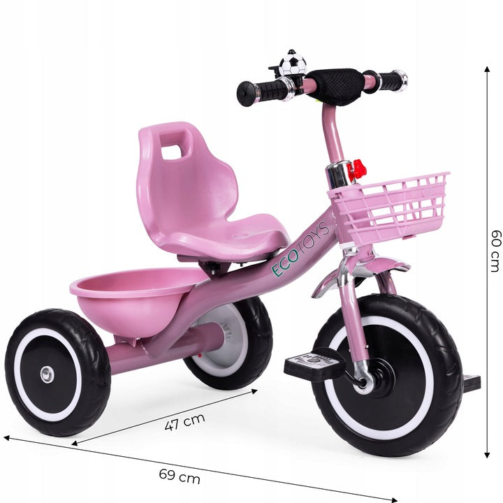 Tricicleta pentru copii 47 cm latime axa spate, cu cosuri si claxon, cadru otel, roti EVA, roz
