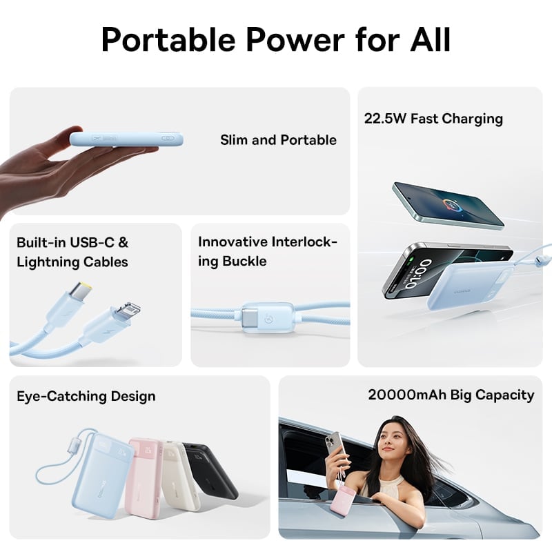 POWER BANK Baseus EnerFill FC11, 20000mAh, cablu integrat USB Type-C si Iphone Lightning, 22.5W, display, negru, "E0027S04" - 6932172699871