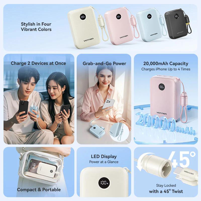 Power Bank Vention 20000mAh Power Bank (USB-C + USB-C/USB-C/USB-A) with Built-in USB-C to USB-C Cable 22.5W Beige LED Display Type , "FKBN0-C" - 6922794791350