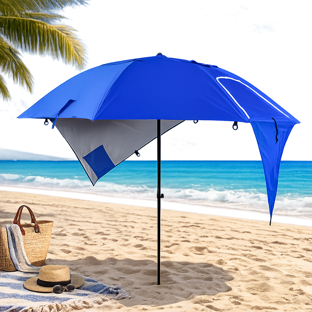 Umbrela de plaja tip cort 2 in 1 cu paravan lateral, ventilatie si protectie UV, diametru 213 cm, albastru