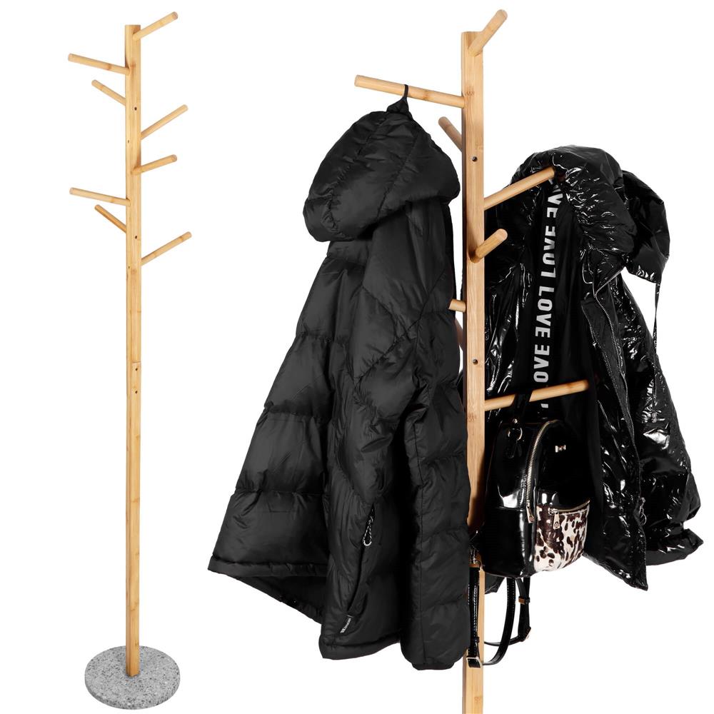 Cuier tip pom din bambus cu baza de granit, 8 agatatoare, 182cm, natur