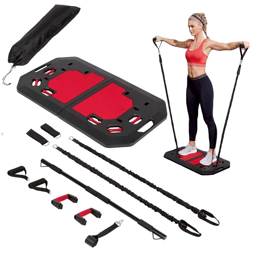 Set de antrenament Crossfit portabil, tip valiza, capacitate maxima 230kg, negru si rosu