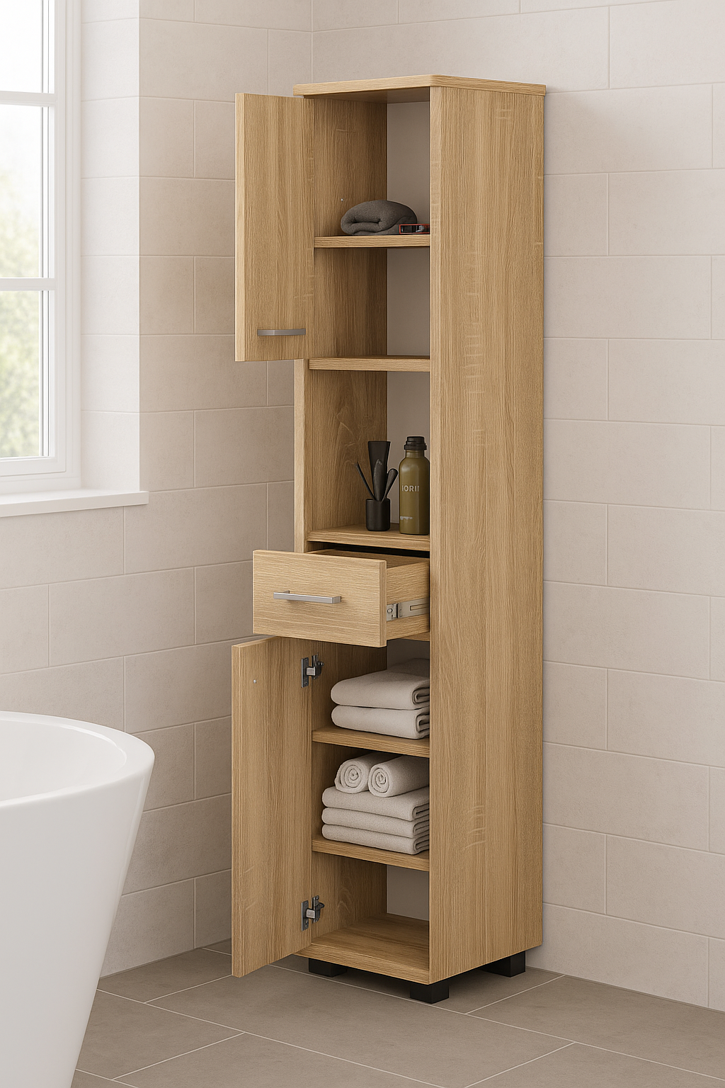 Dulap baie tip coloana cu 2 usi, 1 sertar si rafturi interioare, PAL laminat, 30x30x140 cm, stejar sonoma