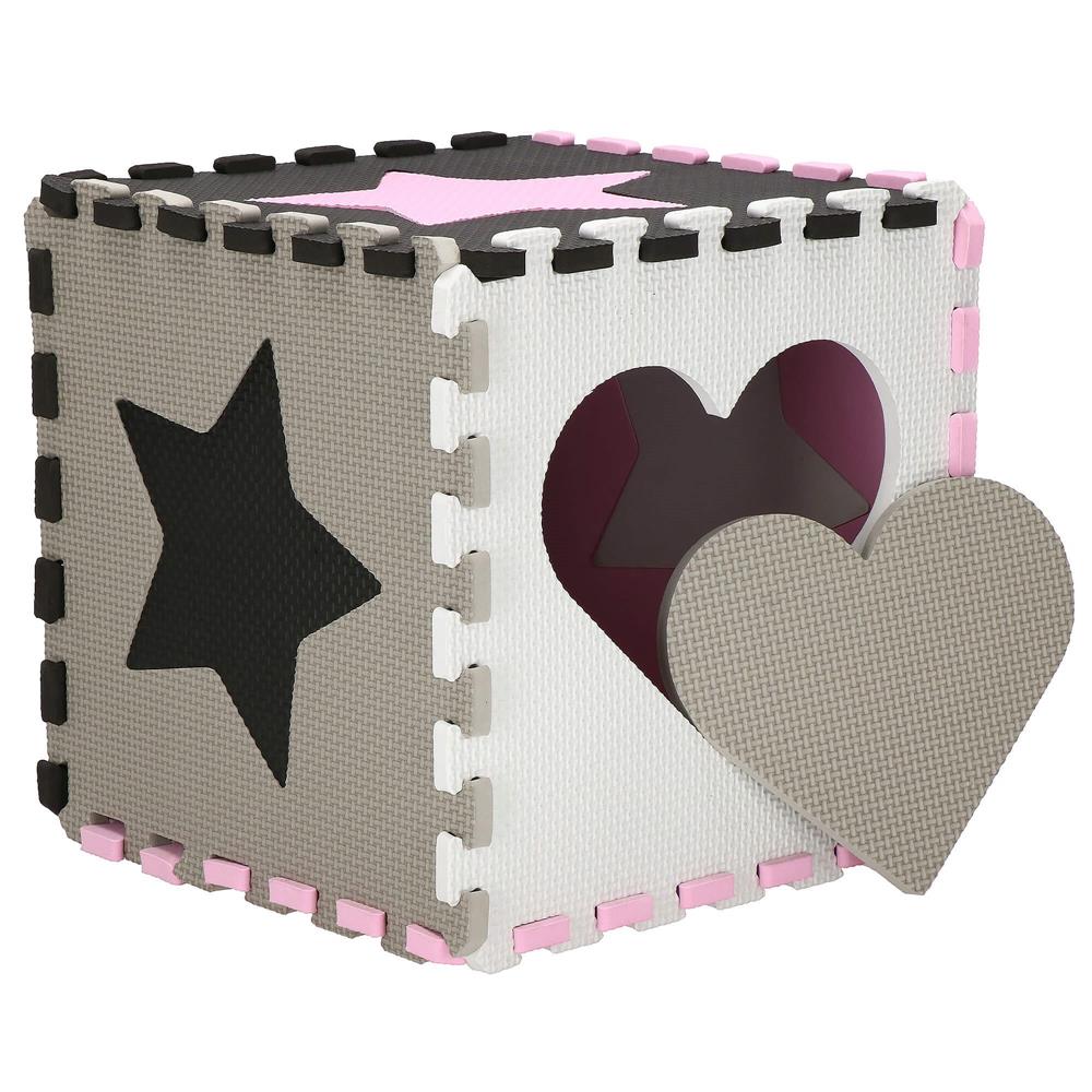 Covor din spuma pentru copii, tip puzzle forme, 52 piese, termoizolant, 150x150 cm, gri roz