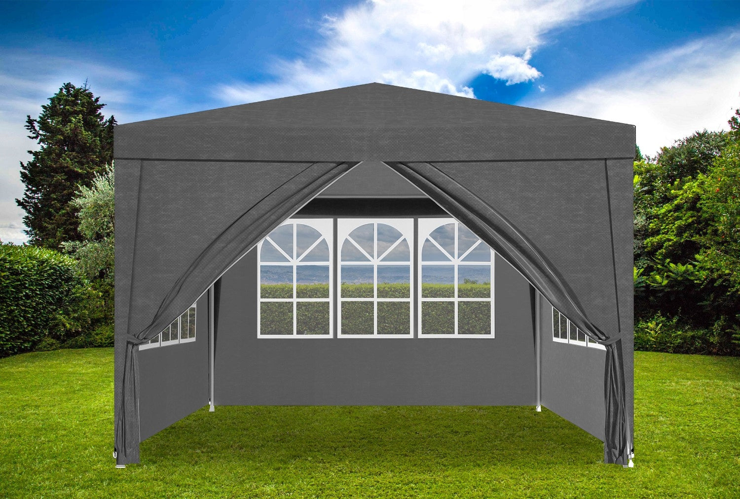 Cort pavilion de gradina, 300x300 cm, cu 4 pereti laterali cu ferestre, impermeabil cu rezistenta UV, gri