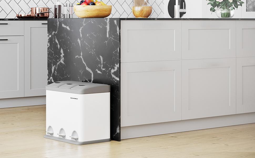 SONGMICS Cos de gunoi din otel cu 3 compartimente colectare selectiva, cu galeti interioare, 3x8litri, alb si gri