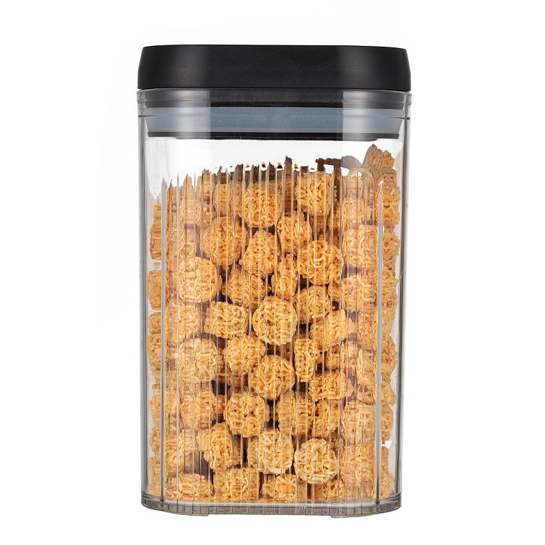 Cutie de Depozitare Alimente, tip Container, 2L, Recipiente pentru Cereale in Bucatarie, Transparente cu Capac Negru