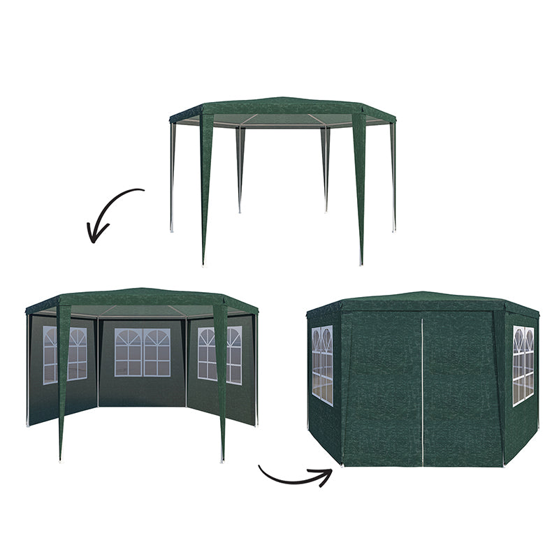 Cort pavilion de gradina hexagonal, 200x200 cm, cu pereti laterali cu ferestre, impermeabil cu rezistenta UV, verde