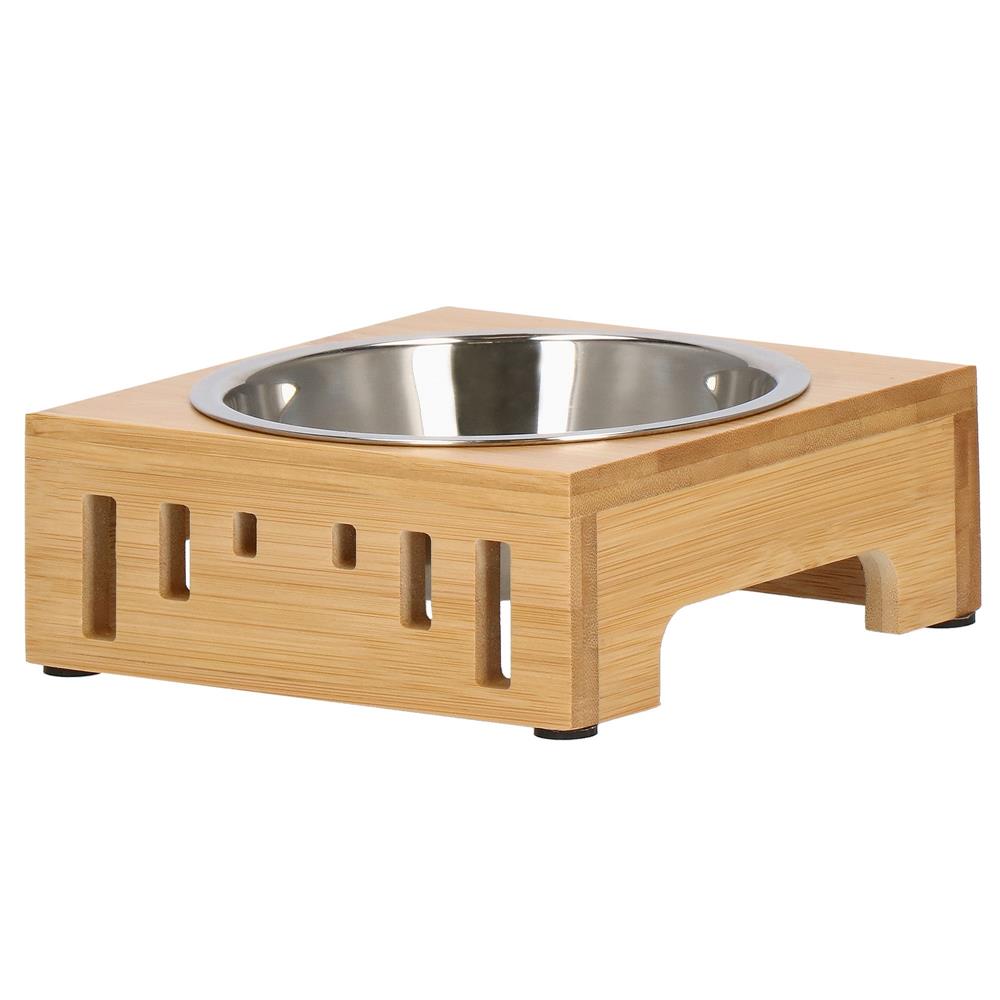 Castron inox, bol, pentru caine sau pisica, cu suport din bambus, 15cm