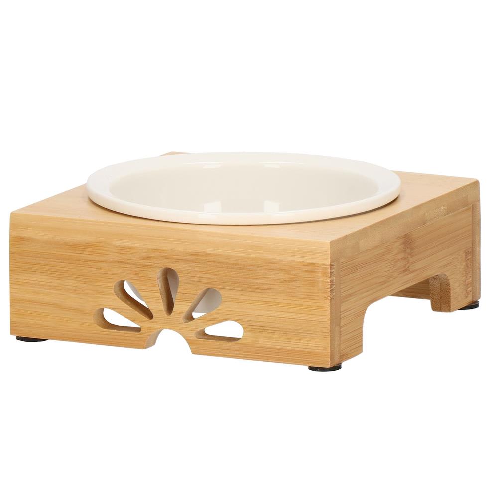 Castron ceramica, bol, pentru caine sau pisica, cu suport din bambus, 15cm