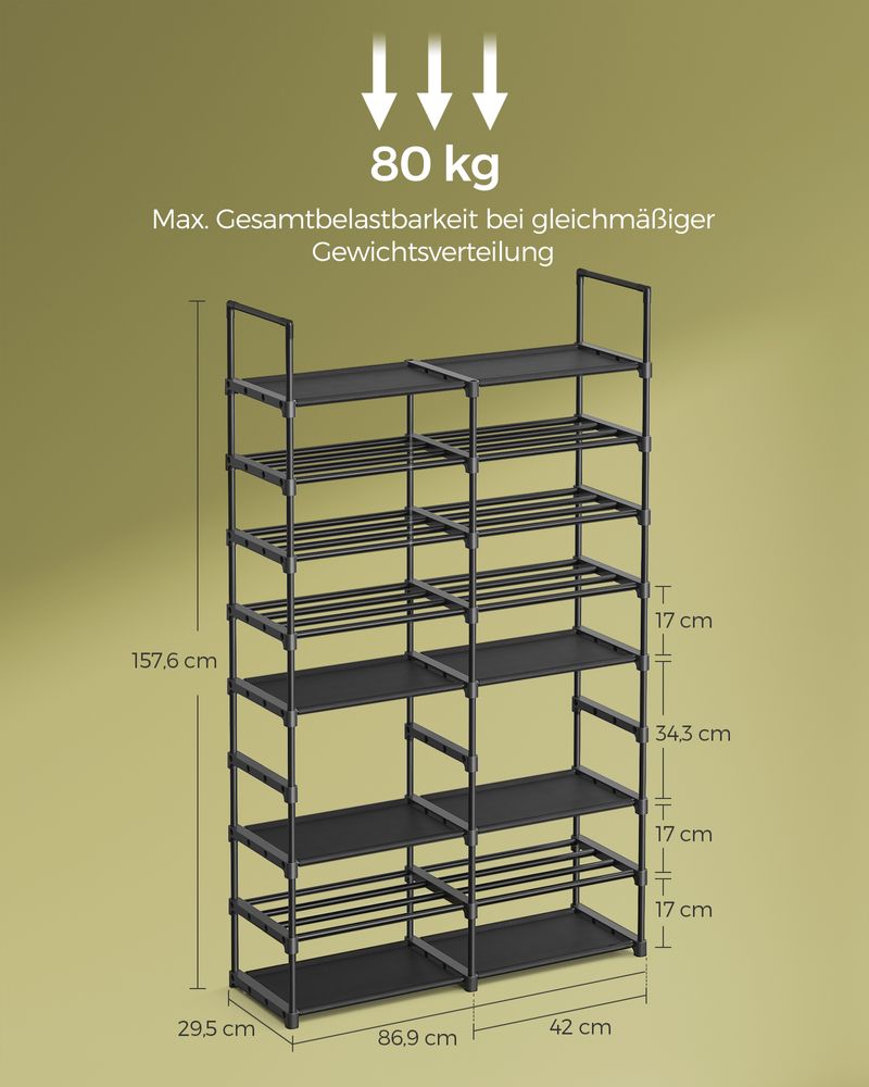 SONGMICS Raft pentru pantofi metalic, personalizabil, pana la 32 perechi, 30x87x158 cm, negru