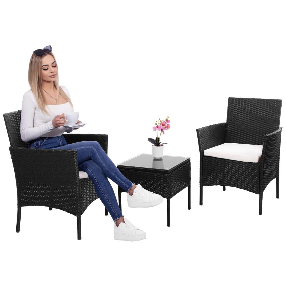 Set mobilier terasa, din tehnorattan, masa cu blat sticla securizata, 2 fotolii cu perne, negru