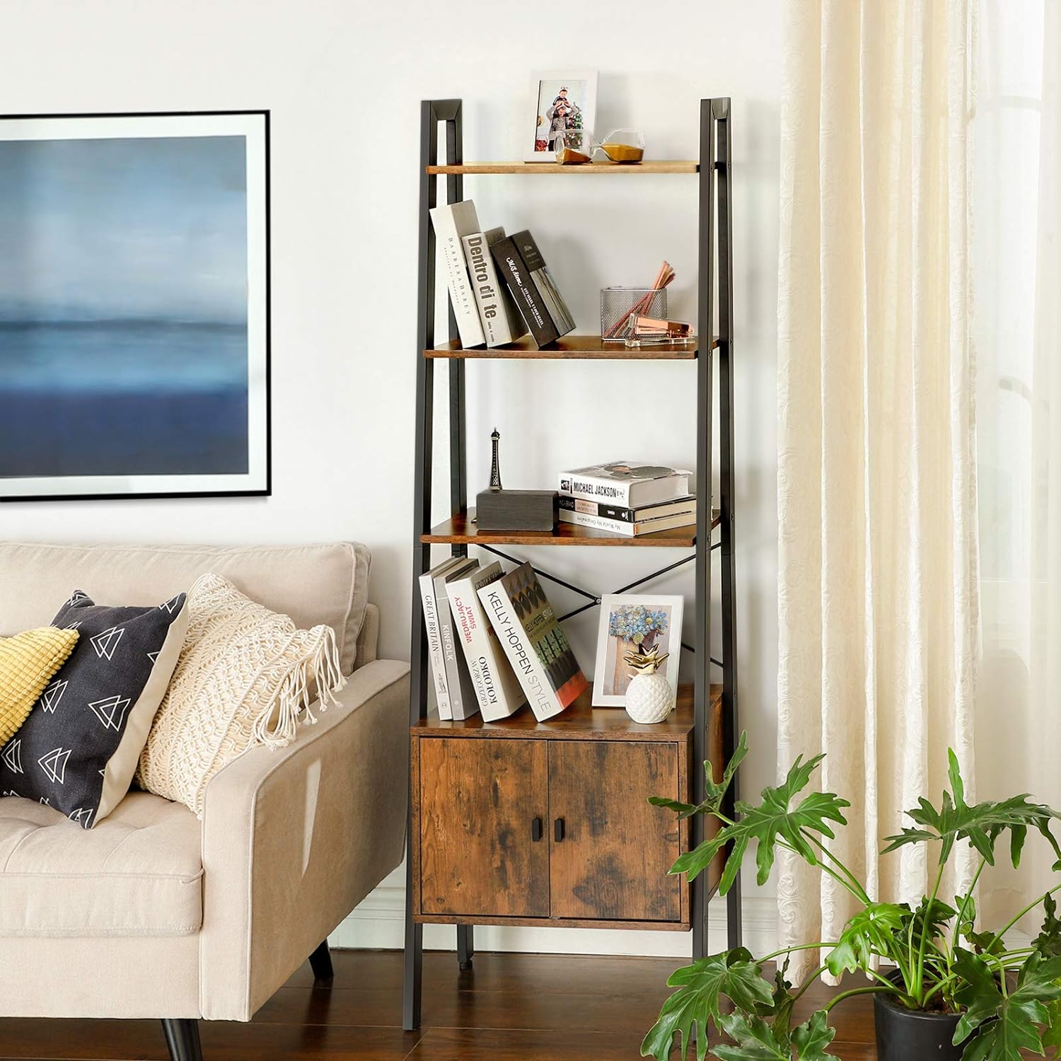 Biblioteca tip scara, cu dulap si 4 rafturi din MDF, stil industrial, 34x56x172cm, maro rustic si negru