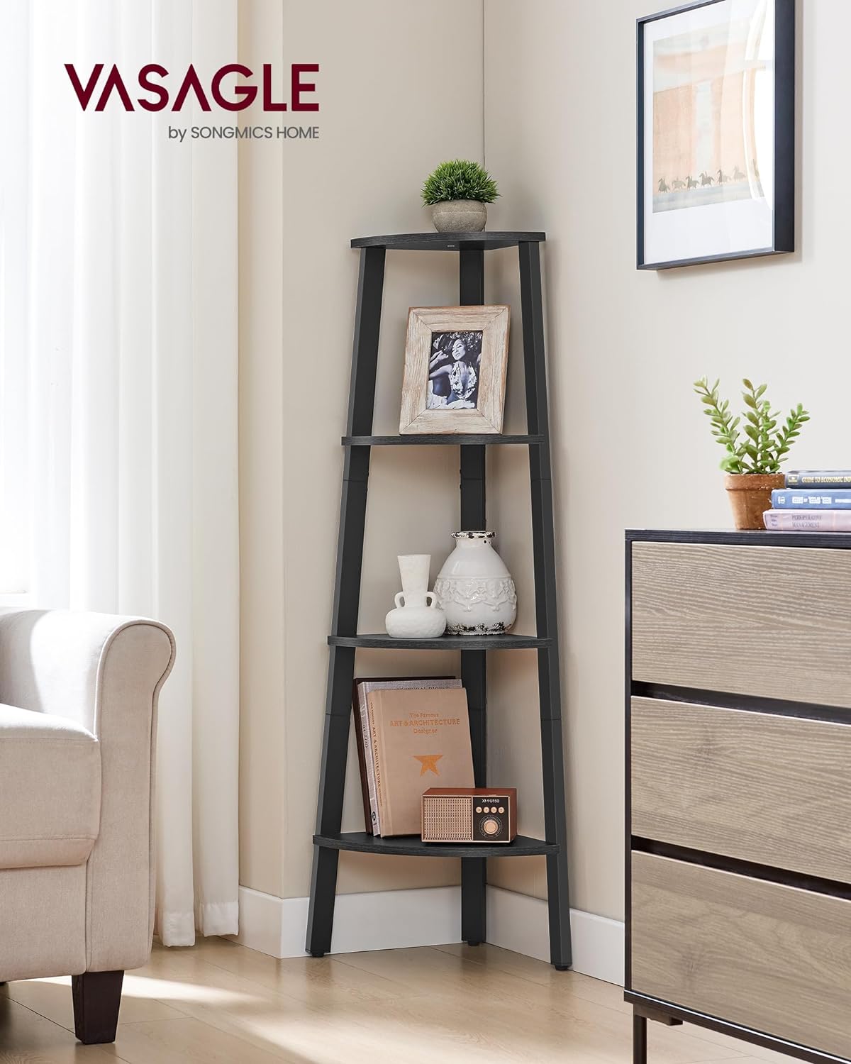 VASAGLE Raft de colt cu 4 etaje, tip biblioteca, cadru metal si polite lemn, 34x34x125 cm, negru - 3