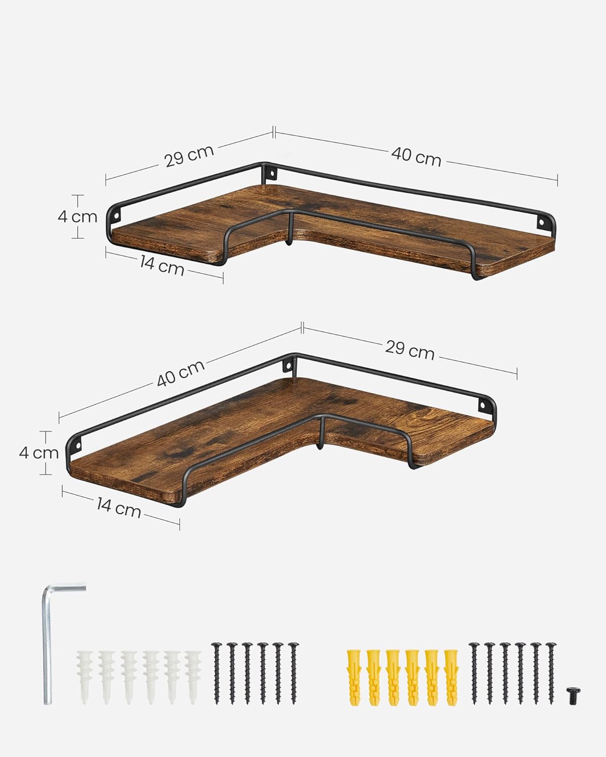 Set de 2 rafturi plutitoare de colt in forma de L, stil industrial, 40x29x14cm, maro rustic și negru