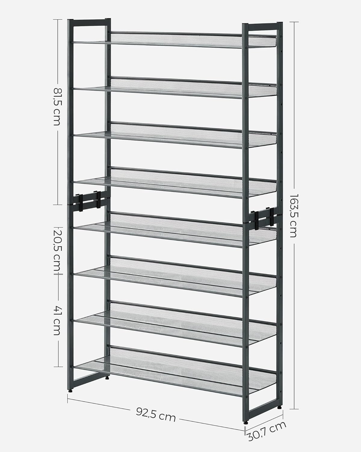 SONGMICS Raft de depozitare pantofi, pe 8 nivele, cu polite reglabile, pentru 32-40 de perechi, 31x92x163cm, gri