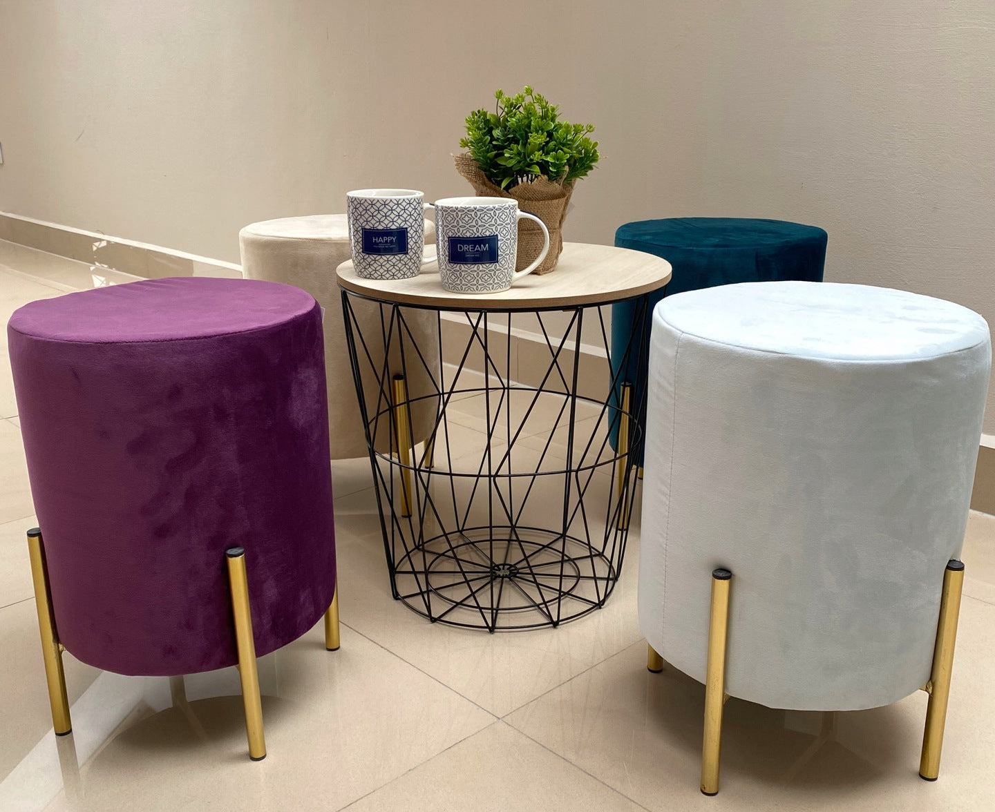 Taburet rotund, tapitat cu stofa, picioare otel, sarcina 100kg, 28x42cm, albastru