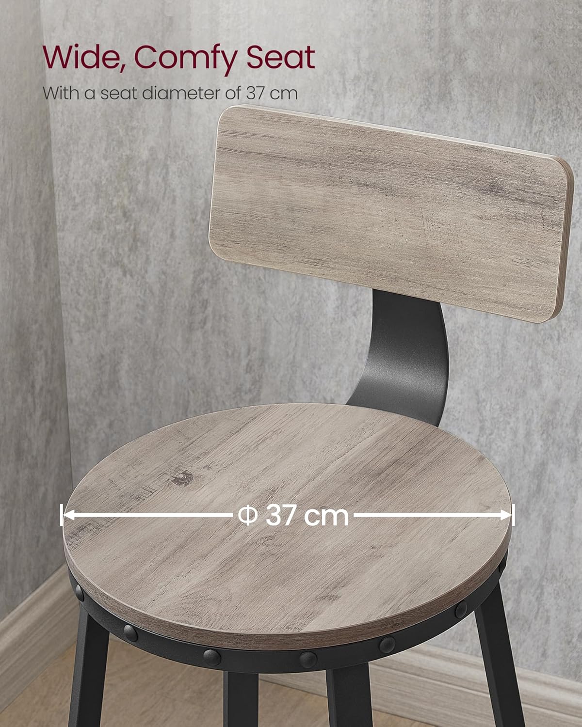 VASAGLE Set de 2 scaune de bar inalte cu spatar, cadru din otel, industrial, 54x99cm, gri stejar - 3