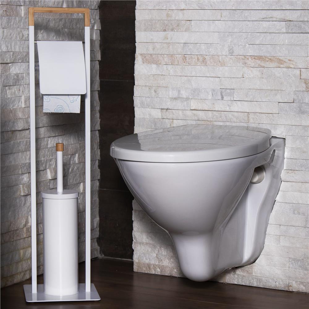 Stand cu perie WC si suport hartie igienica, metal si bambus, 74cm, alb