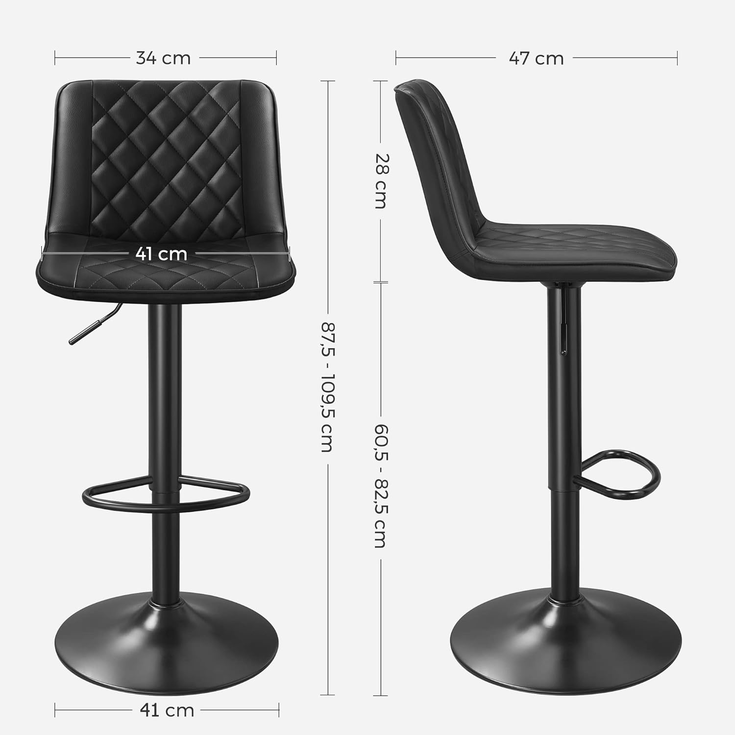 SONGMICS Set de 2 scaune de bar, cu spatar, reglabile in inaltime, tapitat cu PU, 47x51x(89-109)cm, negru - 6