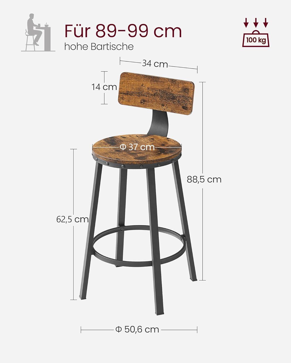 VASAGLE Set de 2 scaune de bar inalte cu spatar, cadru din otel, industrial, 51x89cm, maro rustic - 3