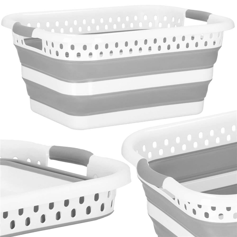 Cos de rufe pliabil tip lighean, cu manere, din plastic si silicon, 53x38x24cm, 24litri, gri