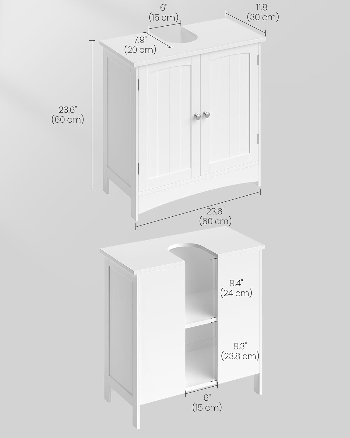 VASAGLE Dulap baie baza lavoar, cu 2 usi, 2 rafturi, alb 60x60x30 cm, alb
