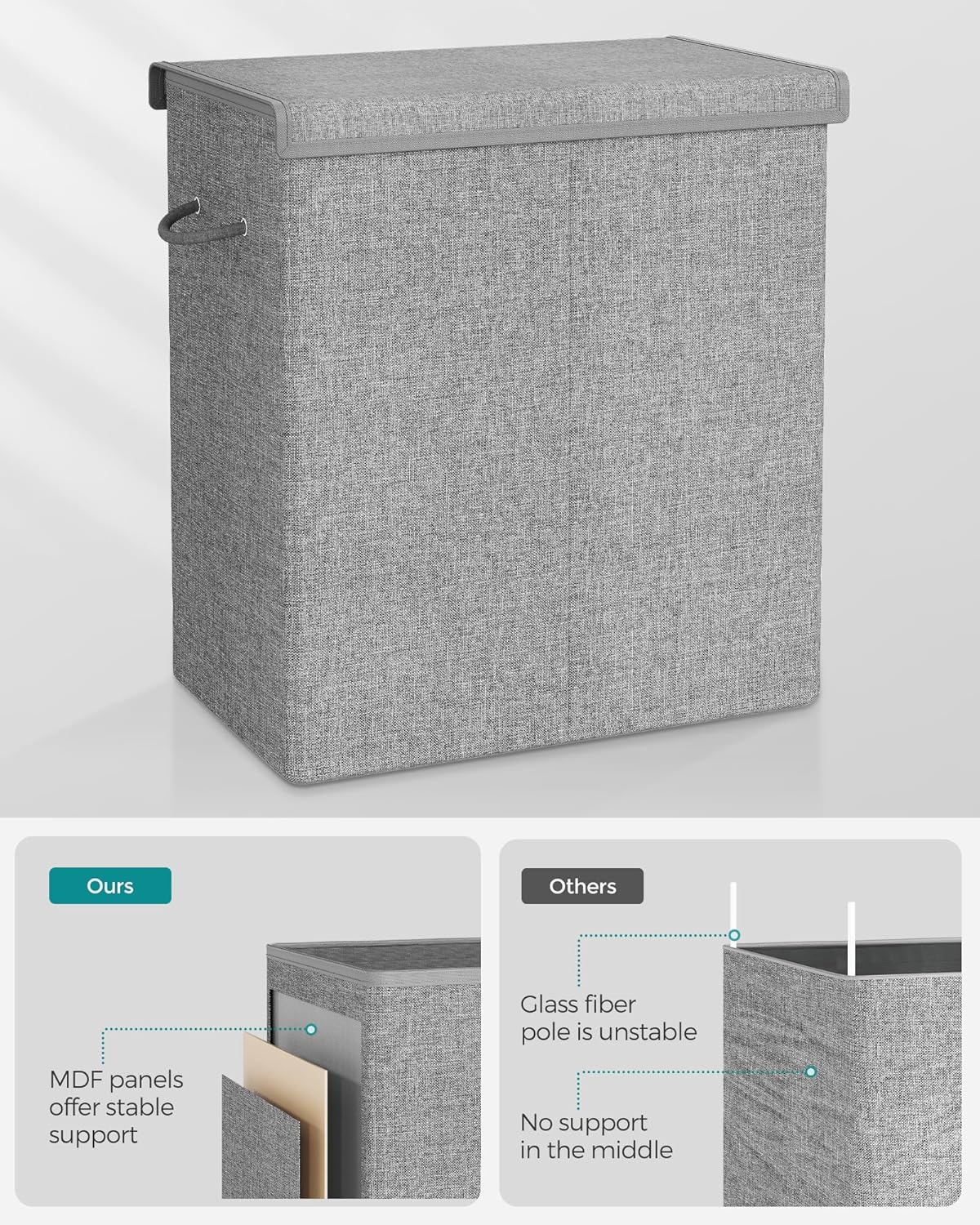 SONGMICS Cos de rufe textil, pliabil, 2 compartimente, saci detasabili, 142L, 60x36x66cm, gri