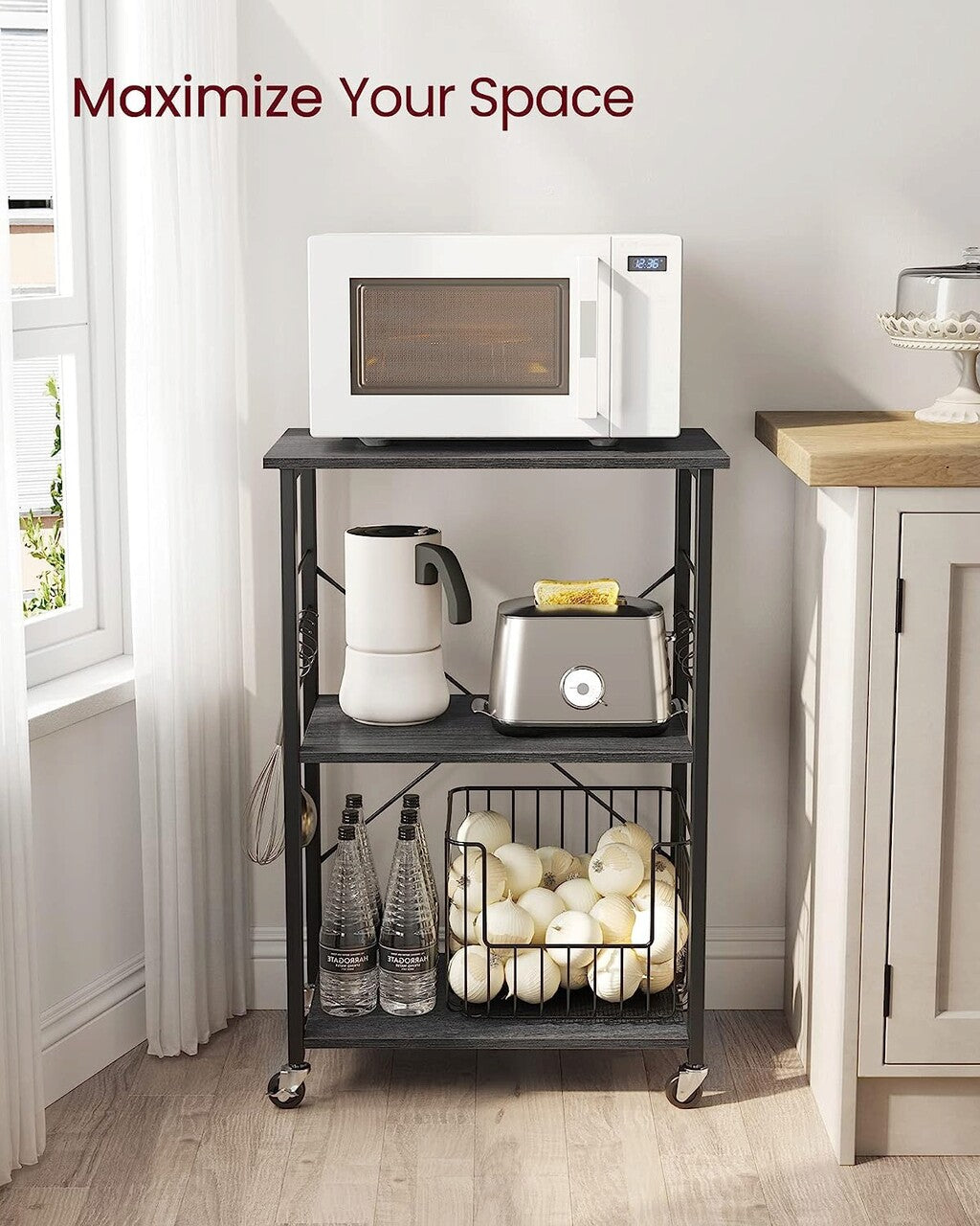 VASAGLE Raft de bucatarie pe roti, carucior de servire cu 3 rafturi, cadru metalic, 40x60x89 cm, design industrial, negru - 3