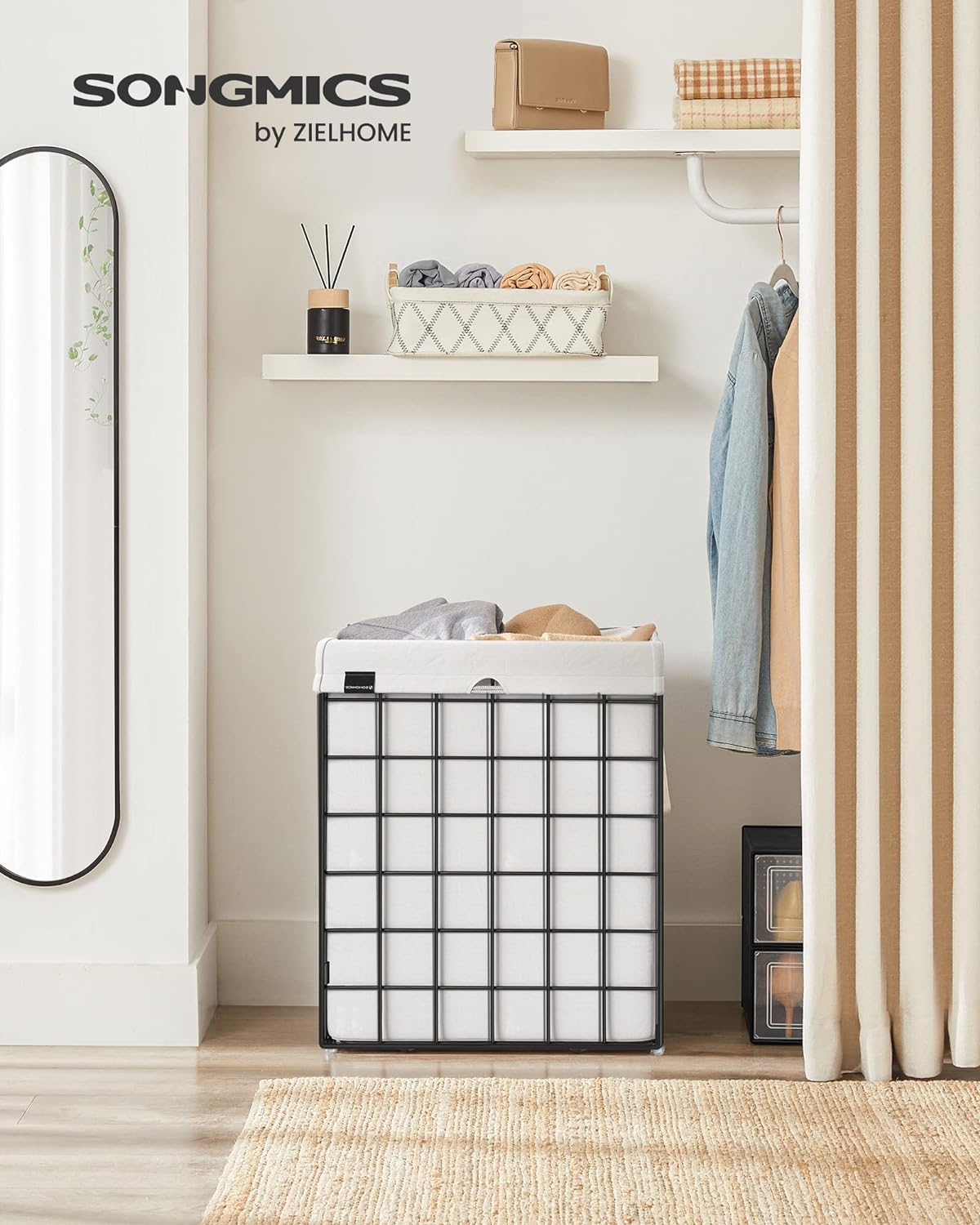SONGMICS Cos de rufe pliabil cu cadru metalic, sac detasabil si lavabil, 90L, 48x33x58cm, negru si alb