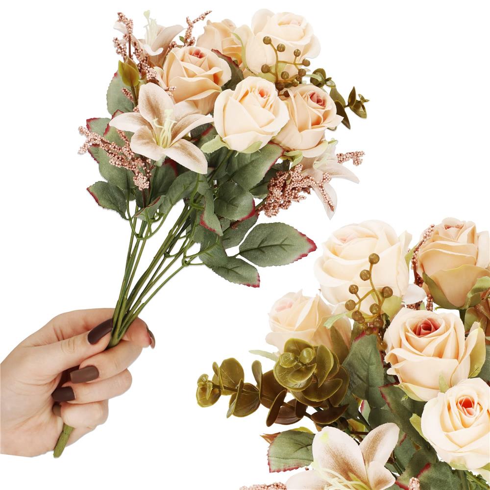 Buchet de flori artificiale din poliester, 10 fire trandafiri si crini, 37cm, crem