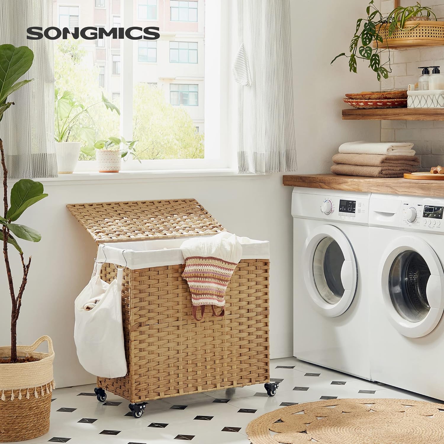 SONGMICS Cos de rufe tesut manual, cu captuseala detasabila lavabila, 3 compartimente, stil ratan, 140 litri, 66x33x60 cm, maro