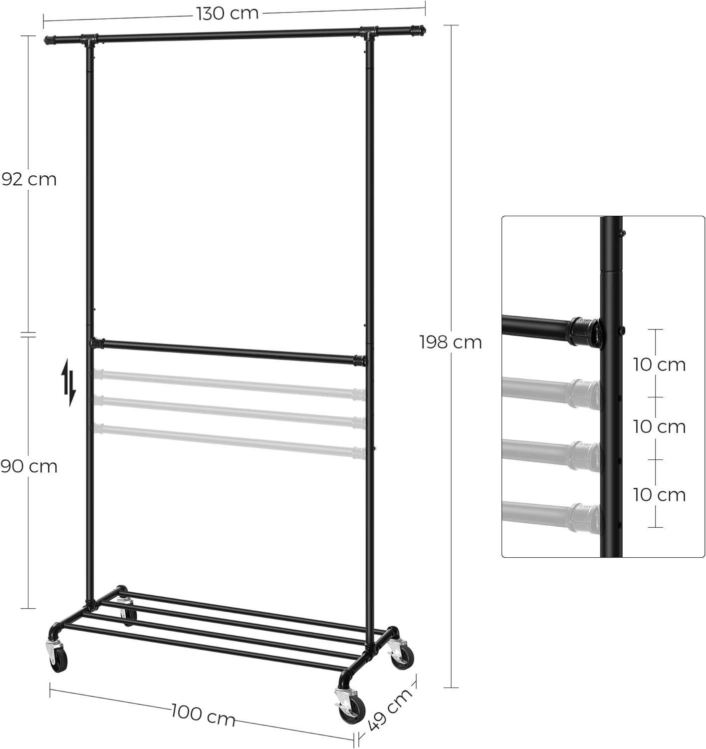 Suport pentru haine, cu raft si 2 sine de agatat, cadru metalic, cu roti, 130x49x198cm, industrial, negru