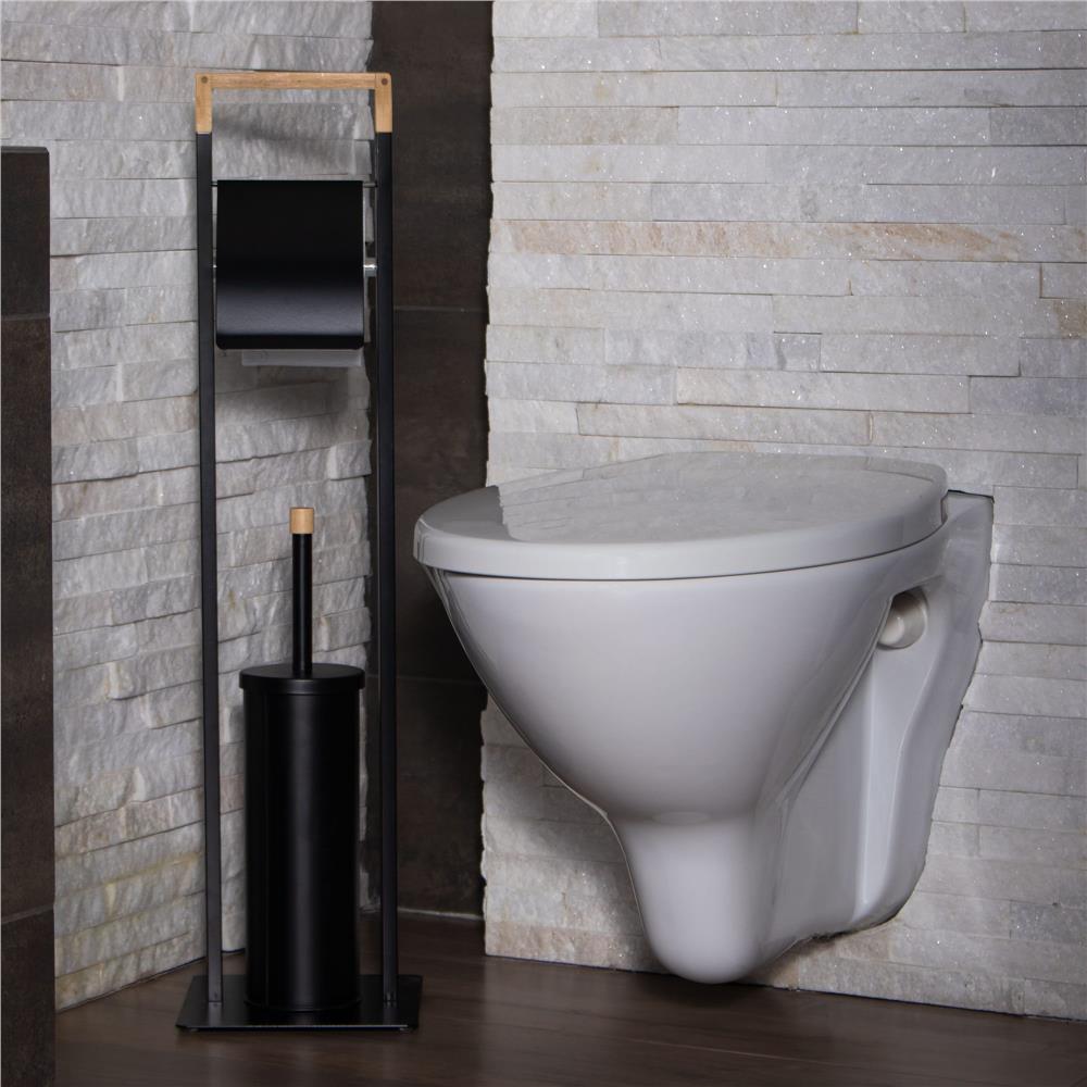 Stand cu perie WC si suport hartie igienica, metal si bambus, 74cm, negru