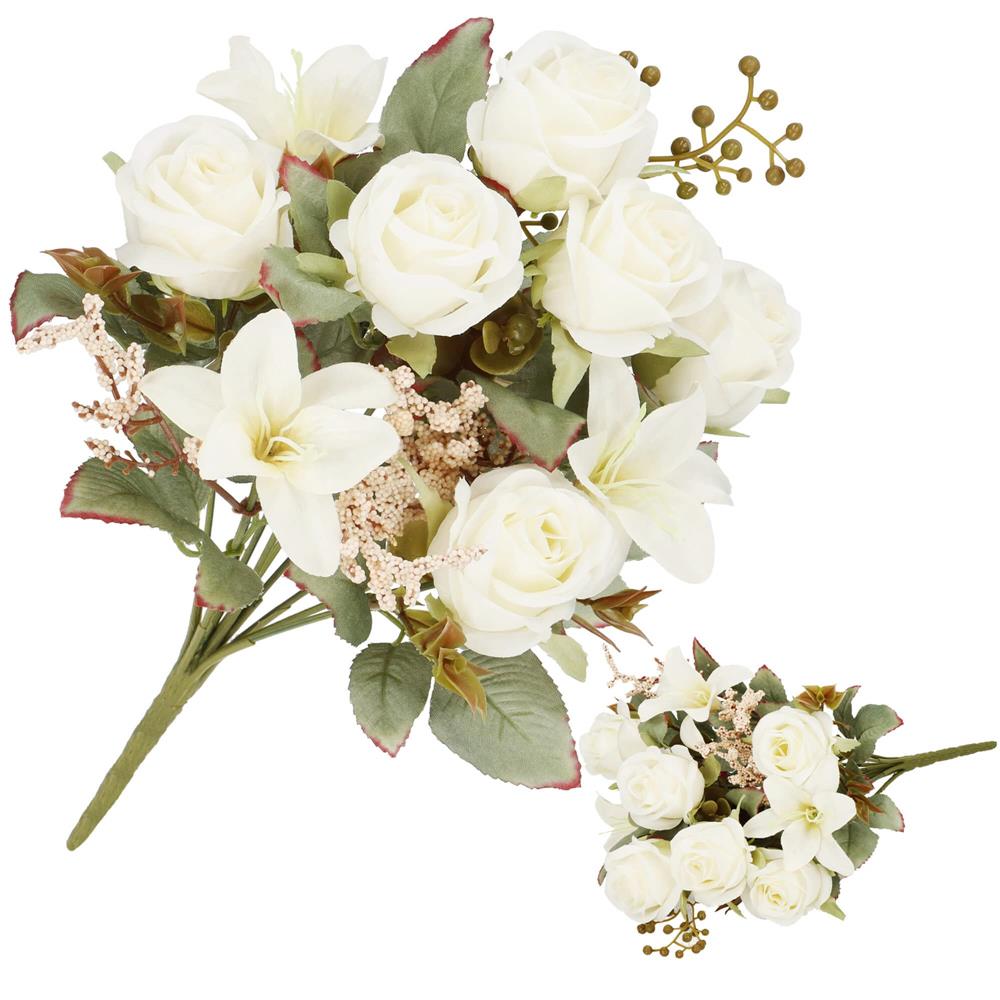 Buchet de flori artificiale din poliester, 9 fire trandafiri si crini, 37cm, alb