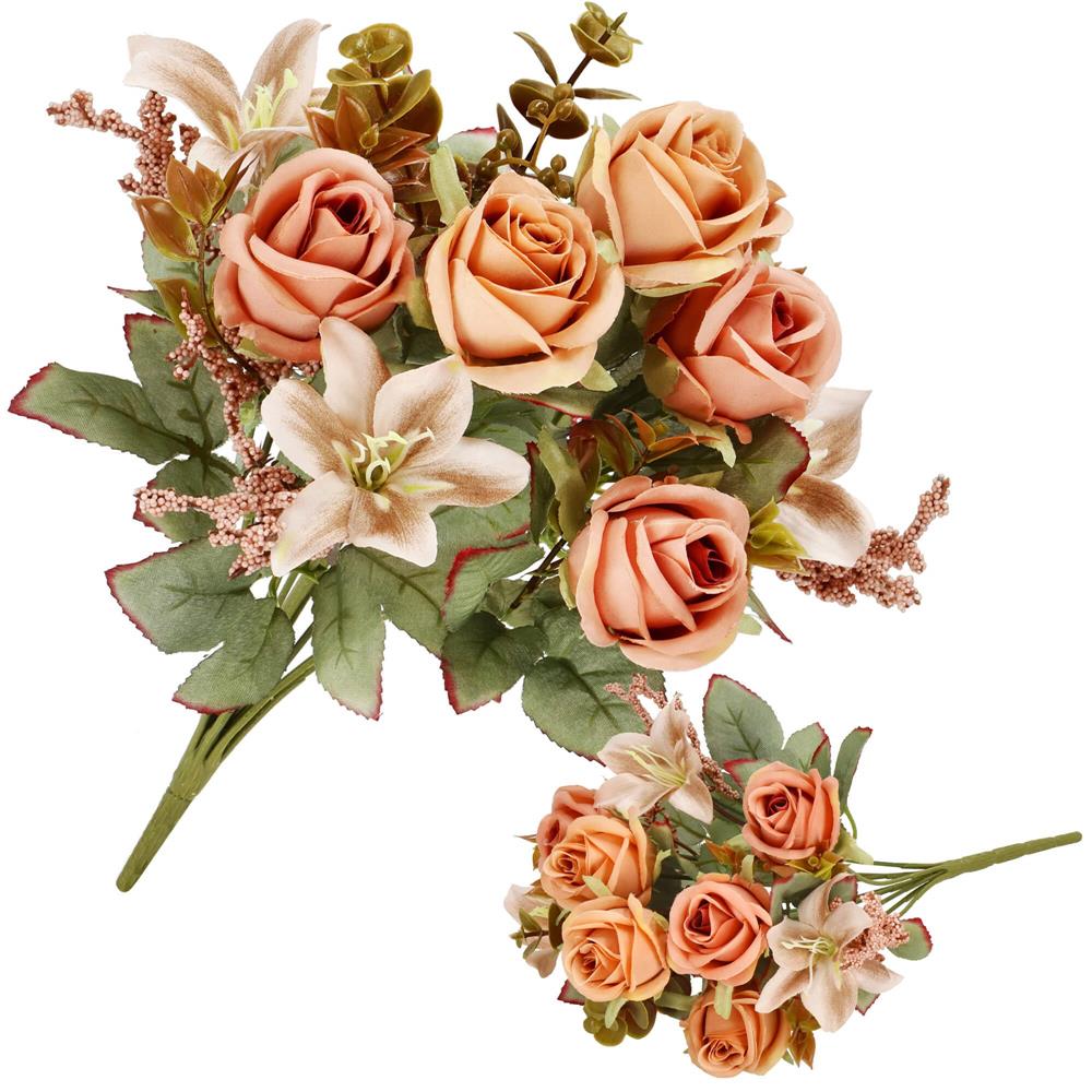 Buchet de flori artificiale din poliester, 9 fire trandafiri si crini, 37cm, roz